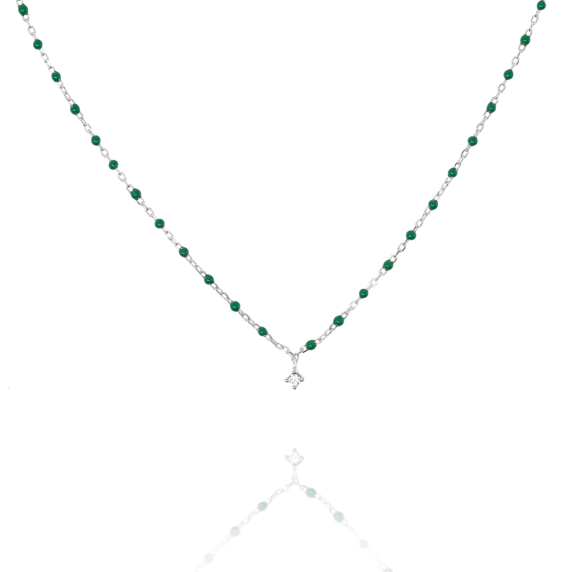 Short Sterling silver chain and bead necklace with green beads and a central Cubic Zirconia, 45cm length including extensions.