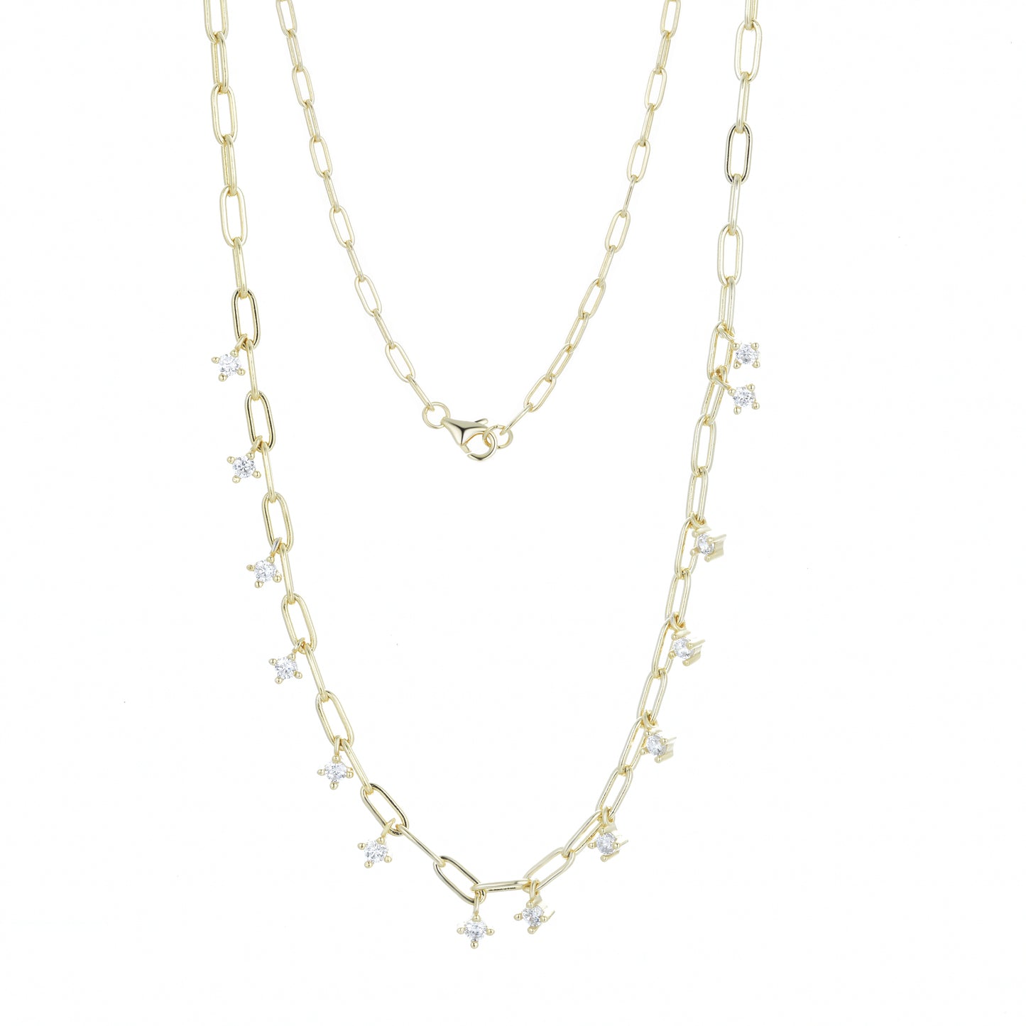 Elegant gold-plated chain necklace with hanging Cubic Zirconia crystals, 45 cm in length.