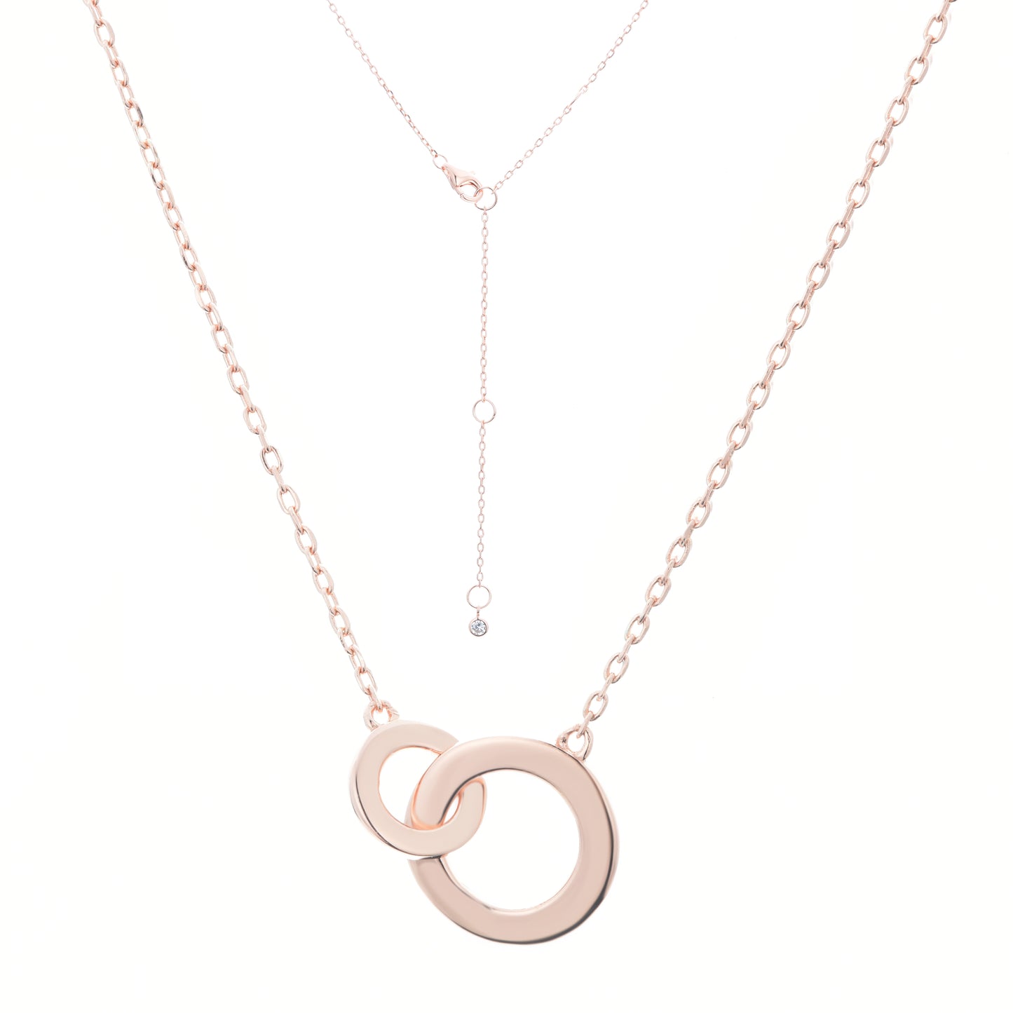 Rose gold plated on silver intertwined circle necklace with an adjustable chain and lobster clasp.