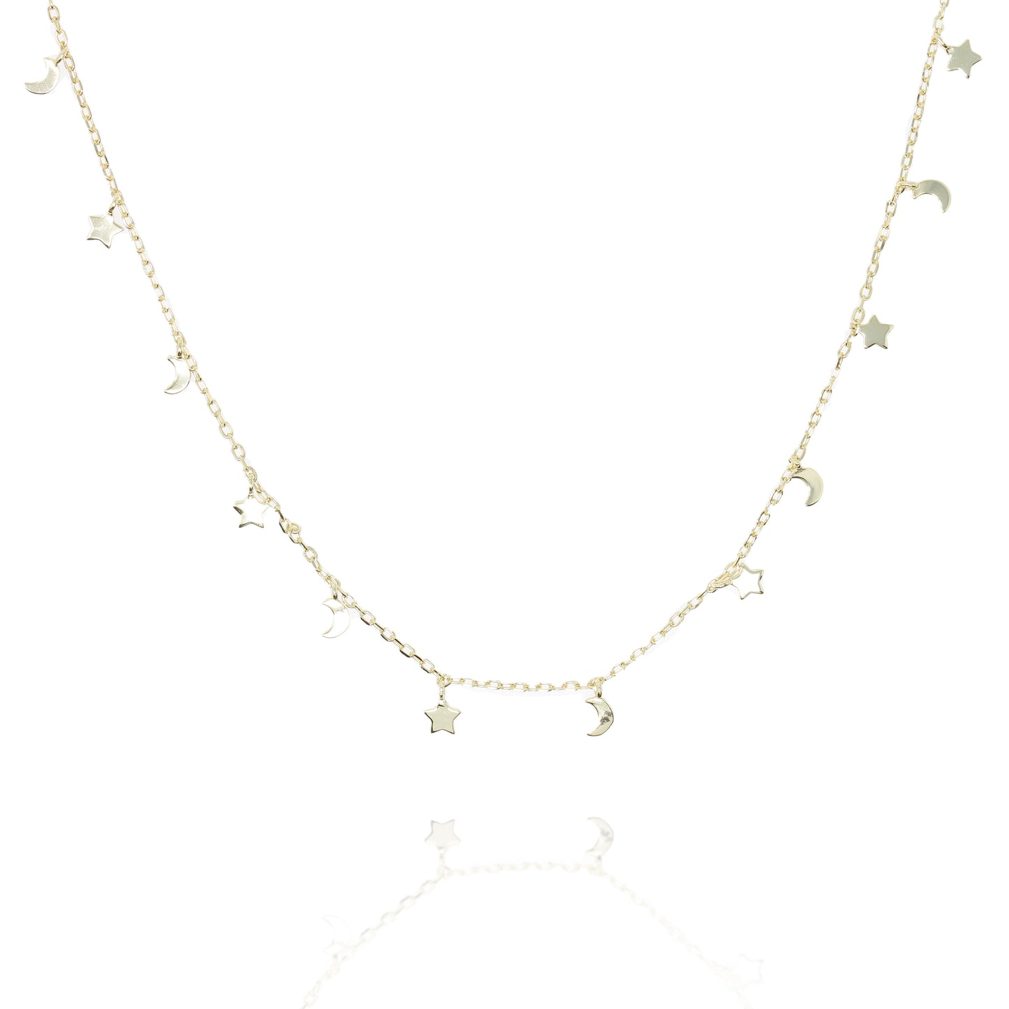Gold-plated silver necklace featuring small hanging stars and moons, 45 cm chain with three extension links.
