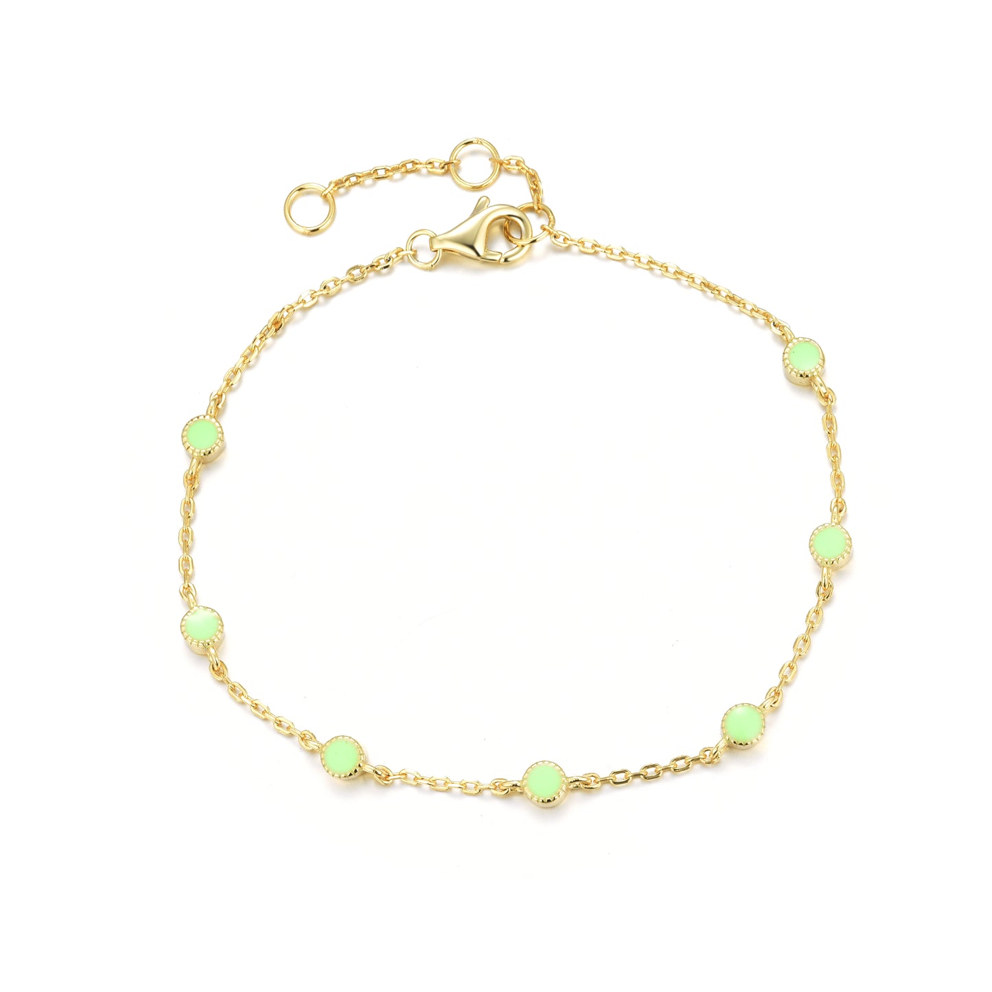 Gold-plated chain bracelet with Apple Green coloured stones and two extensions