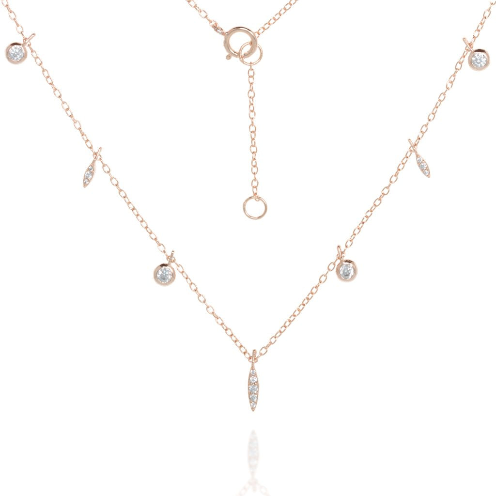 Rose gold plated delicate chain necklace with hanging Cubic Zirconia in two different shapes.