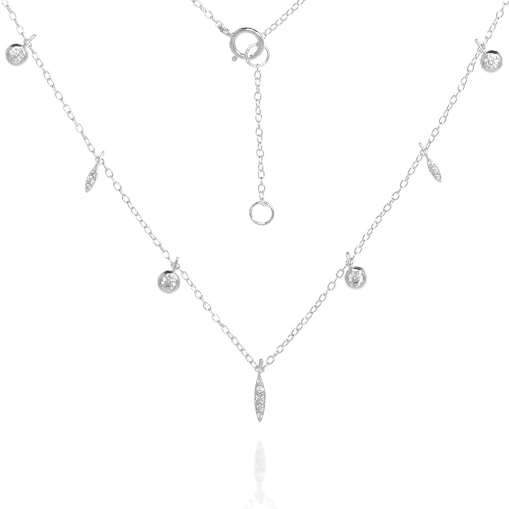 A delicate sterling silver chain necklace with hanging cubic zirconia charms of two different shapes, featuring a 40 cm chain length with a 2.5 cm extension.
