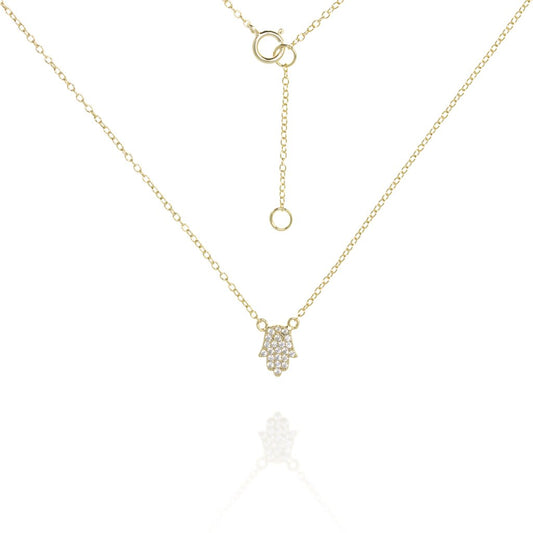 NK-53/G - Delicate Chain Necklace with pave Hamsa pendant