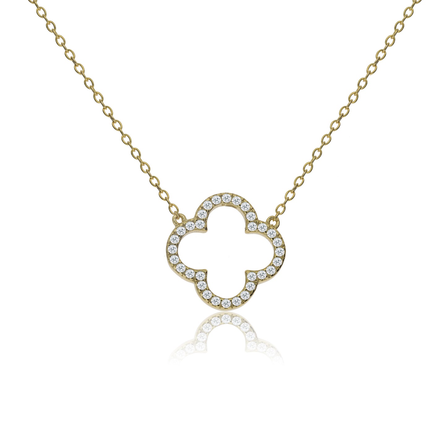 Gold plated on silver chain necklace with CZ pave clover charm, delicate and elegant design.