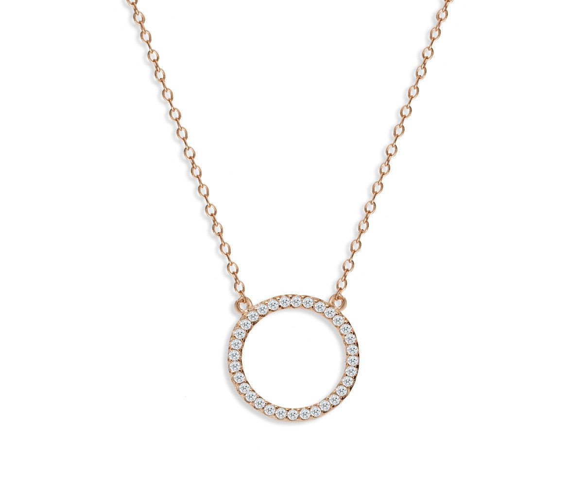 Rose gold plated on silver hollow CZ pave circle pendant necklace with fine link chain.
