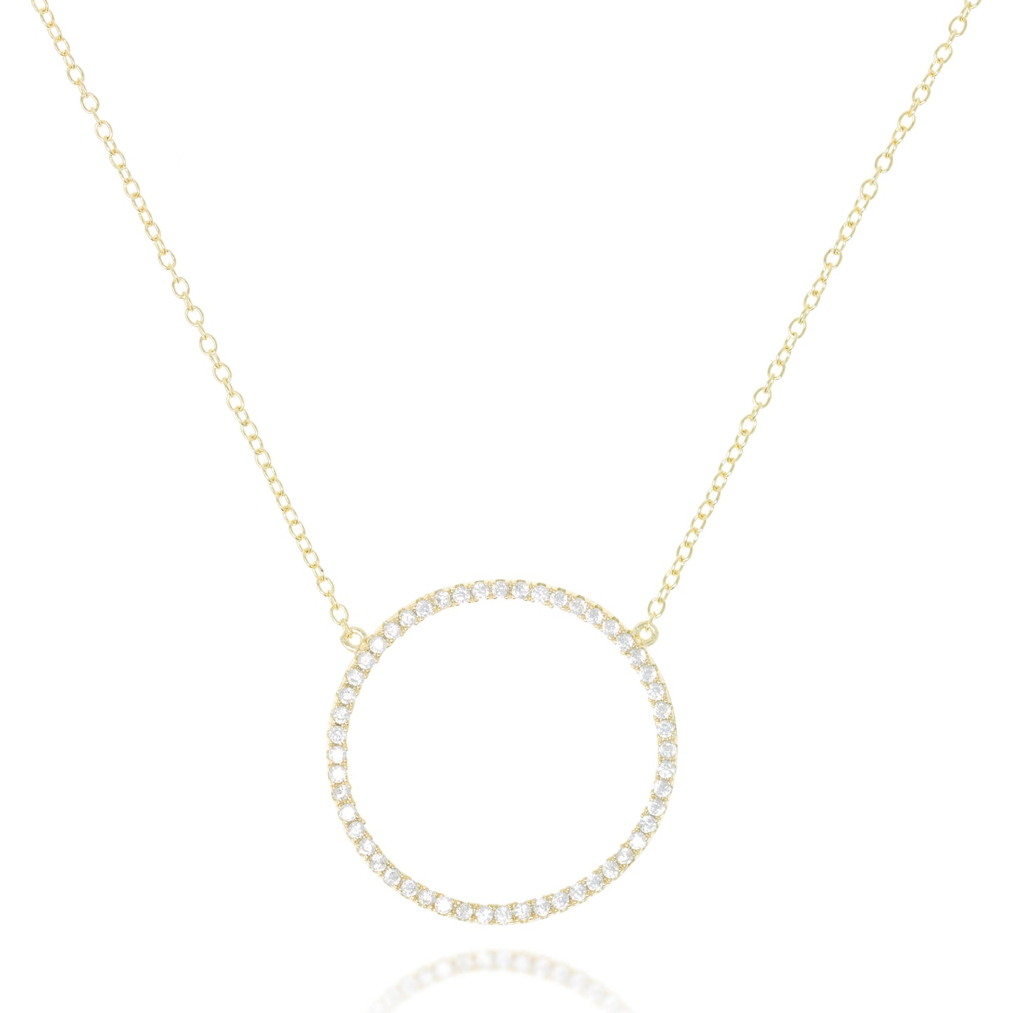 Elegant sterling silver hollow CZ pave pendant necklace with circle pendant and adjustable chain.