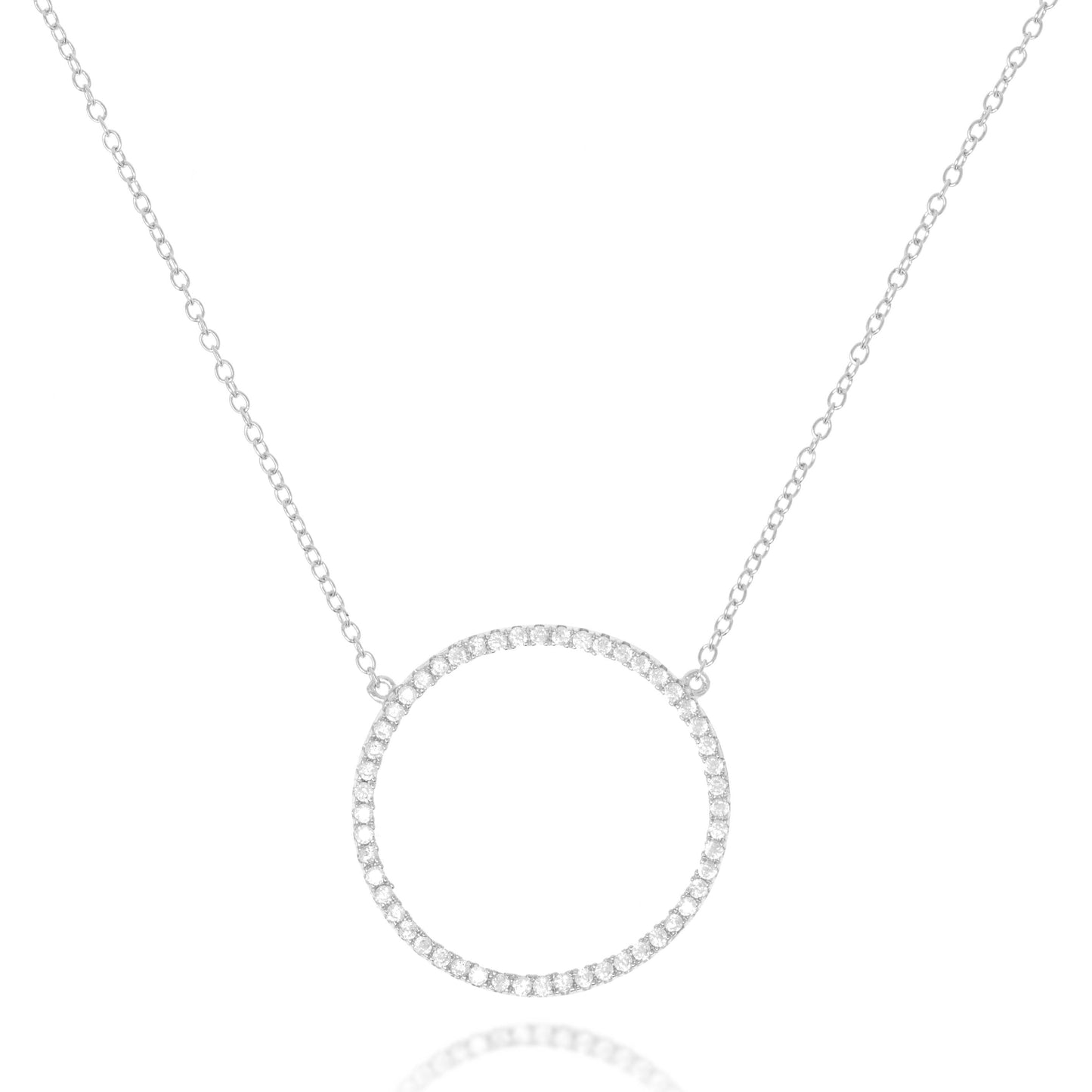Elegant sterling silver hollow CZ pave pendant necklace with circle pendant and adjustable chain.