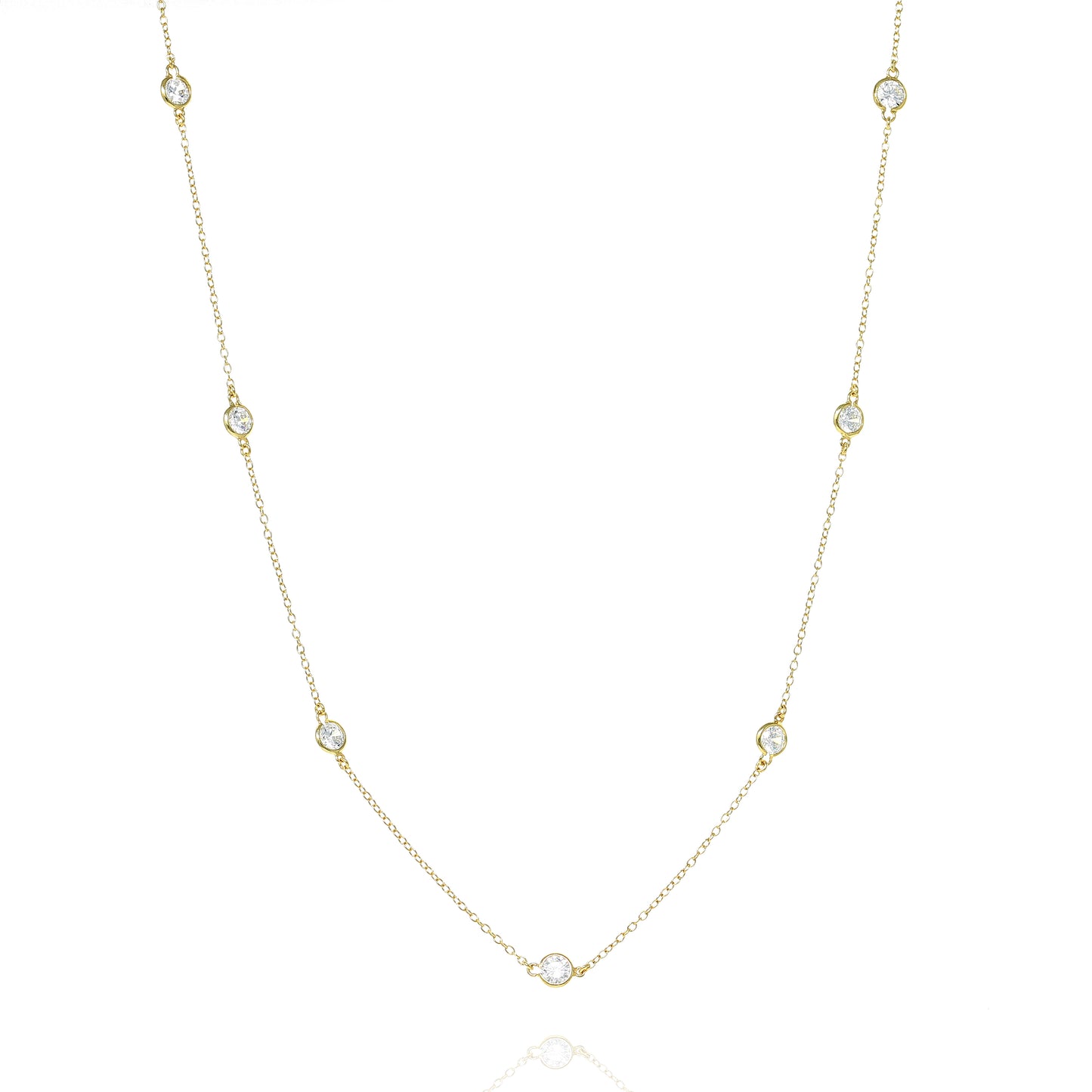 Gold plated on silver, long chain necklace with bevel set cubic zirconia, length of chain 100 cm.
