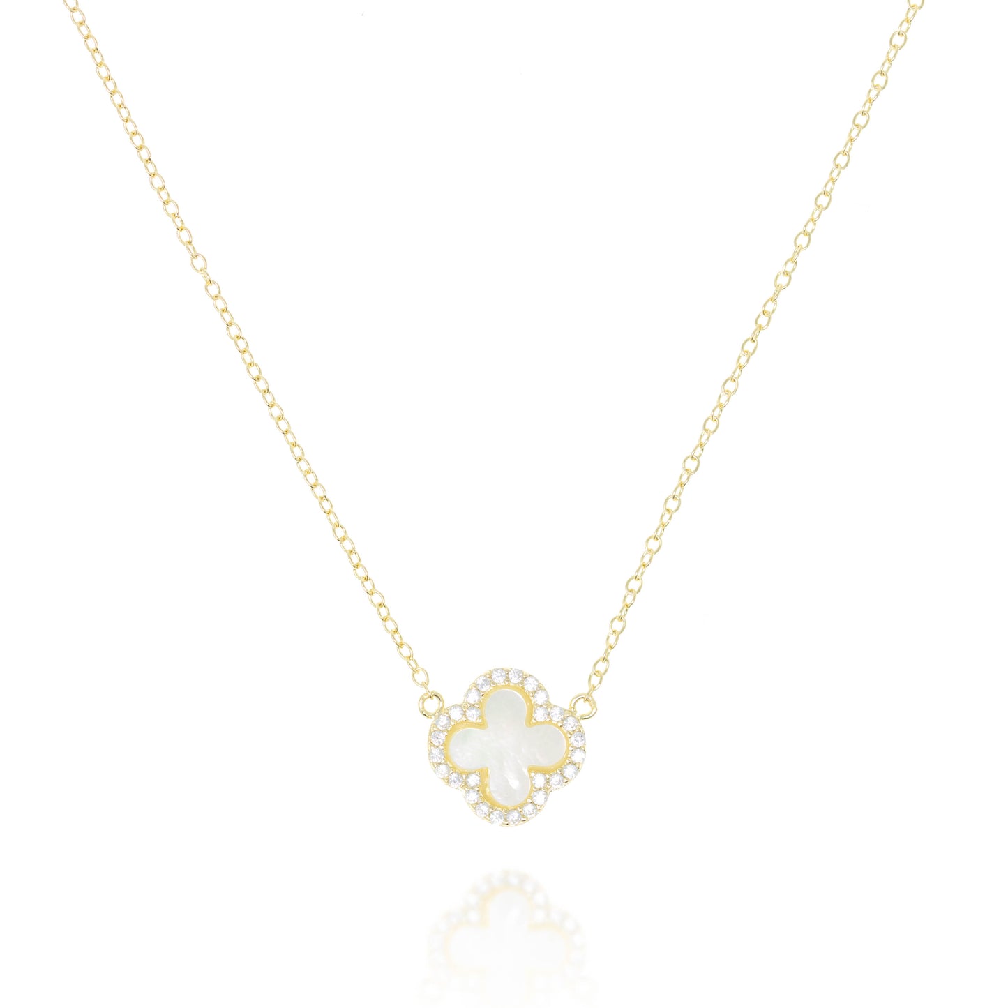 Gold-plated sterling silver necklace with mother of pearl clover pendant rimmed with cubic zirconia