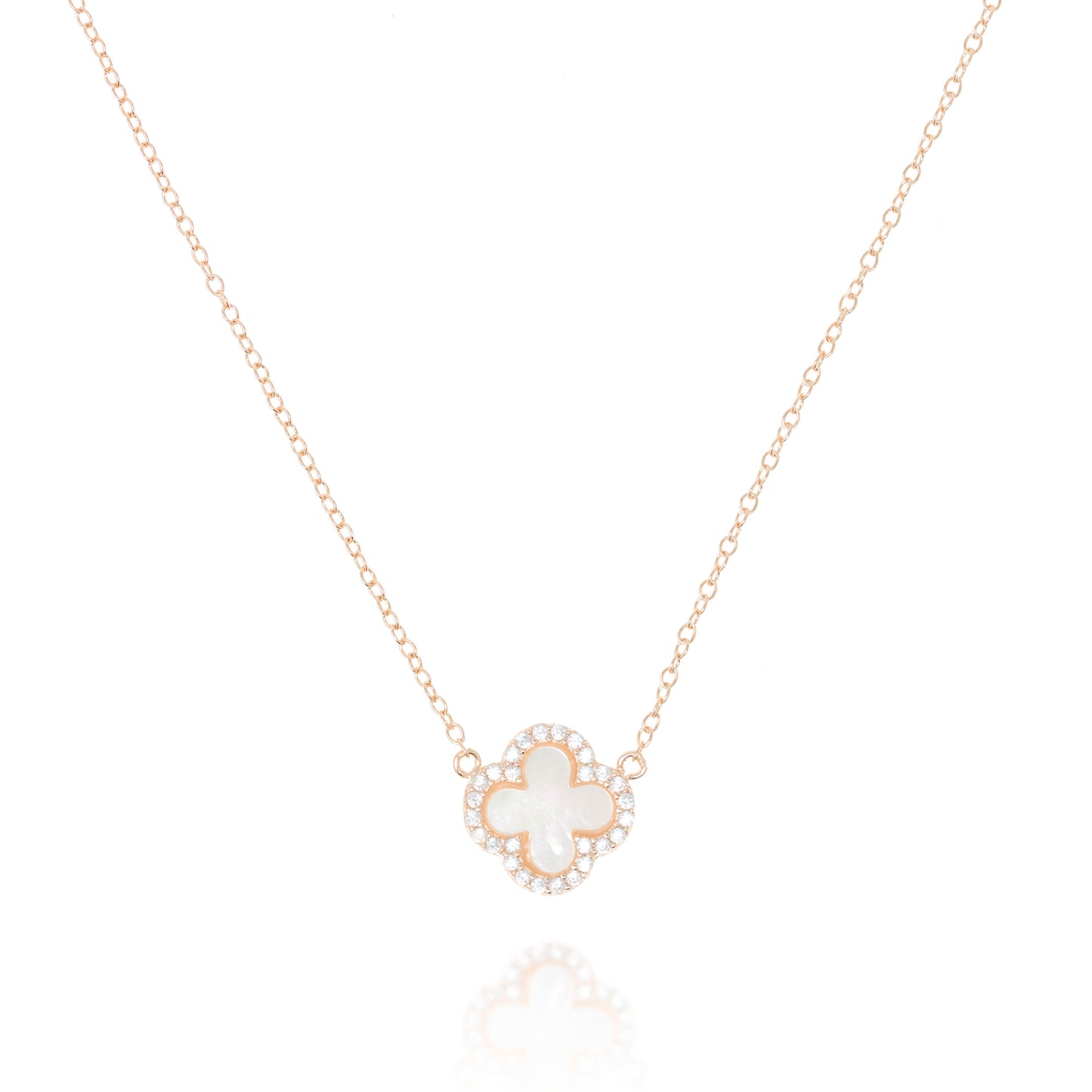 Rose Gold Plated Clover Necklace with Mother of Pearl and CZ Pendant