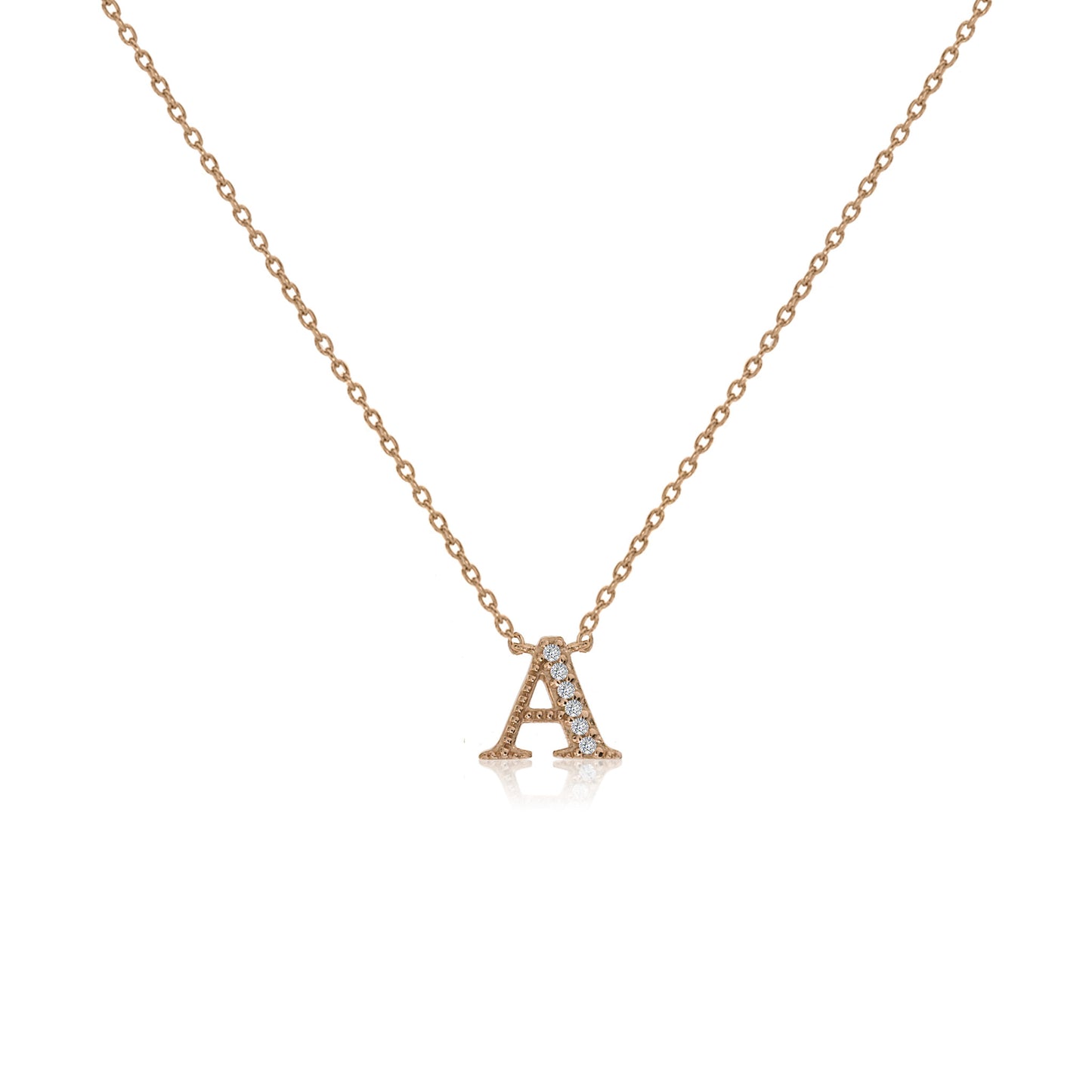 Rose gold plated initial A necklace with cubic zirconia decoration and adjustable chain.