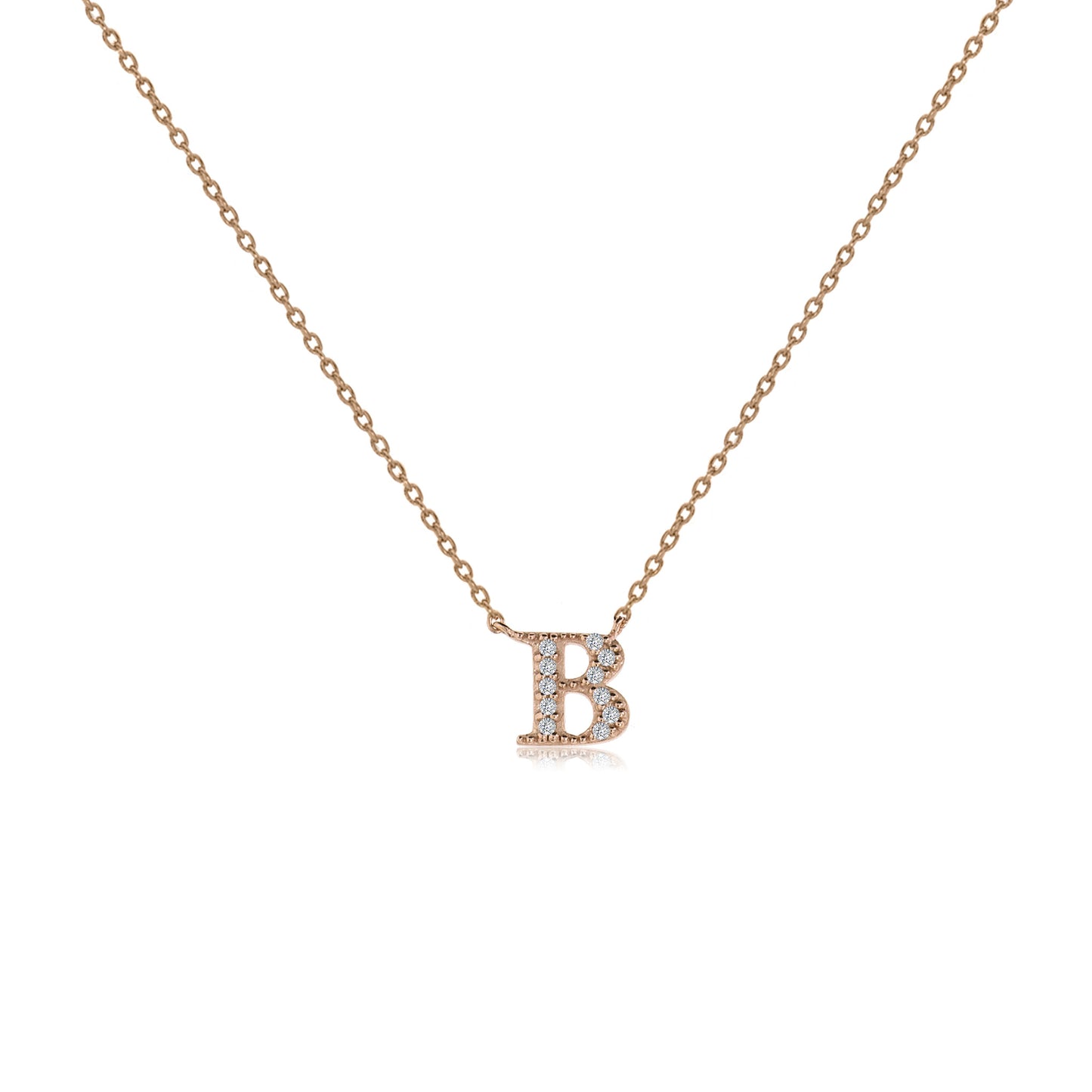 Rose gold plated initial necklace with CZ decoration and sliding length adjuster