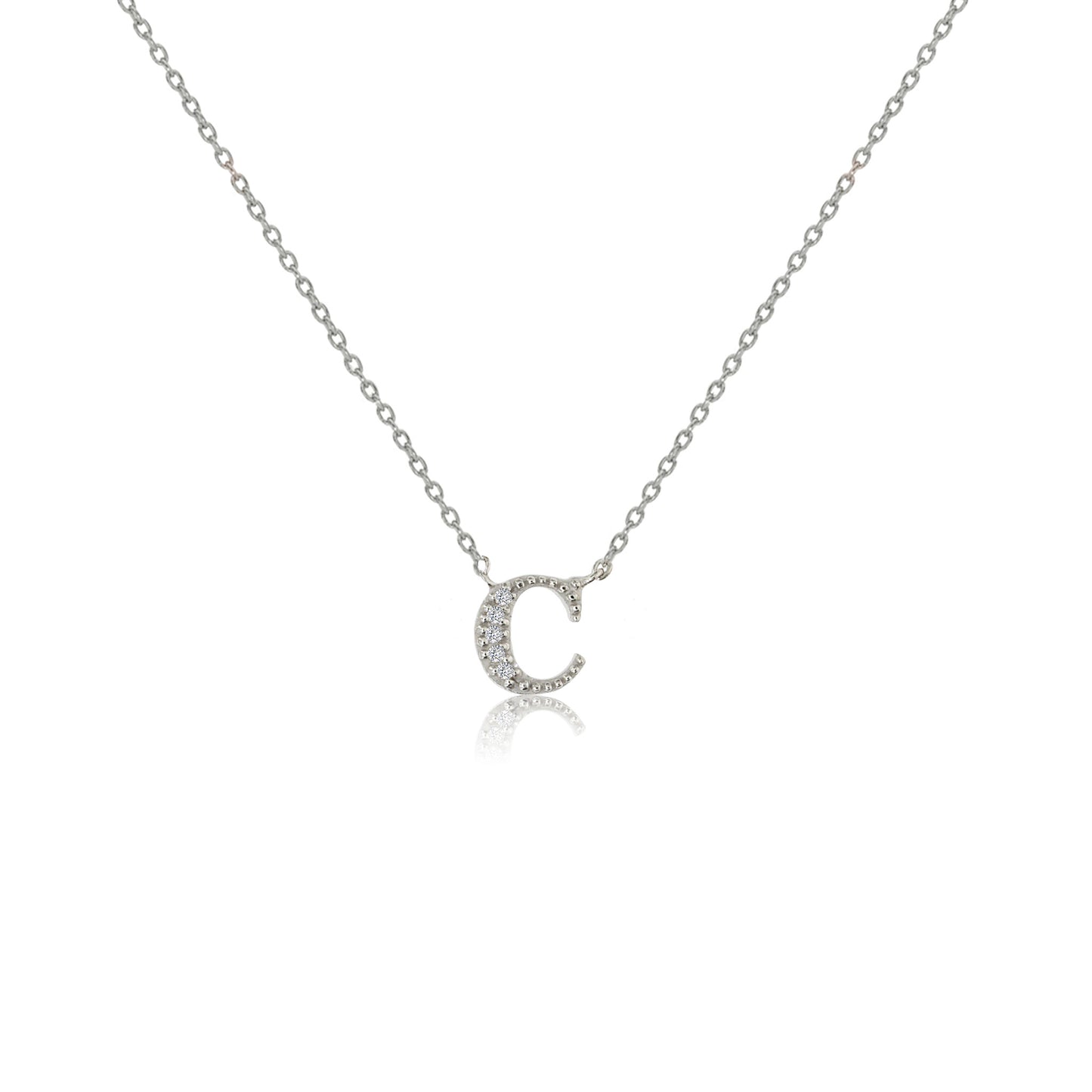 Sterling silver initial necklace featuring a letter C adorned with CZ stones.