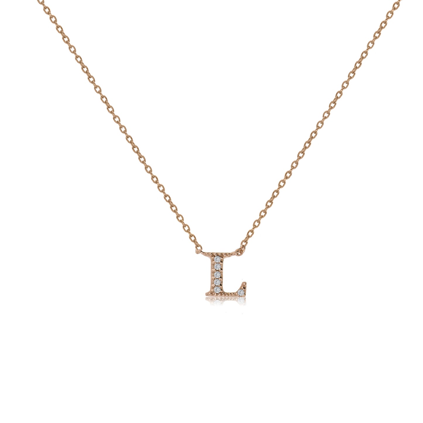 Rose gold plated initial necklace L with Cubic Zirconia decoration on an adjustable chain.
