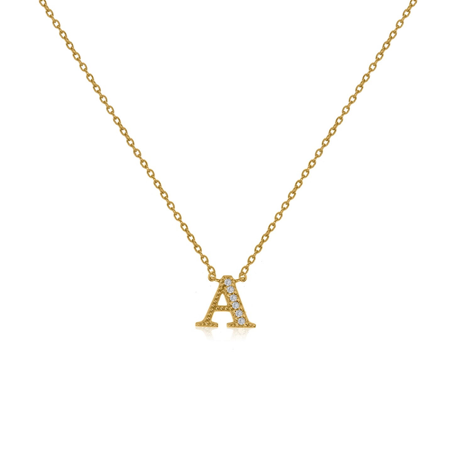 Gold-plated initial necklace with CZ decoration and sliding length adjuster.