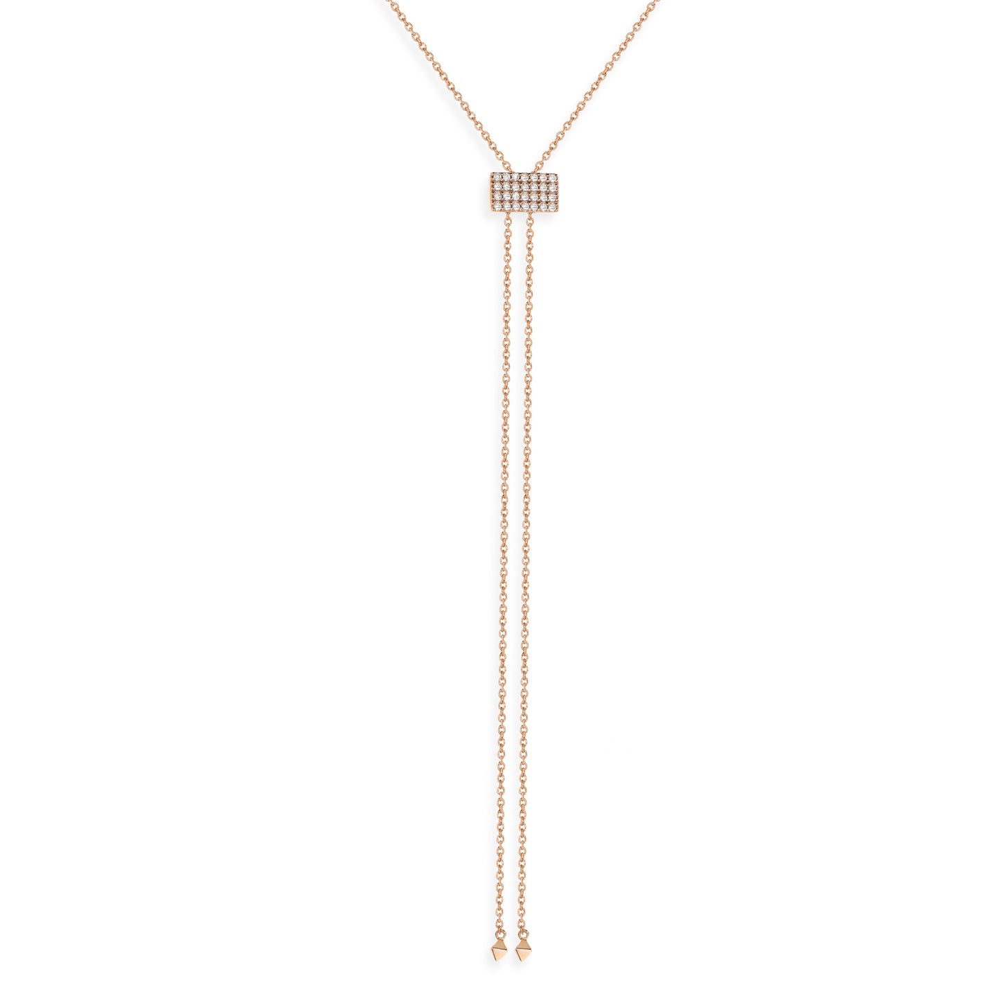 Elegant lariat necklace in rose gold with Cubic Zirconia stones and an adjustable square pave slider.