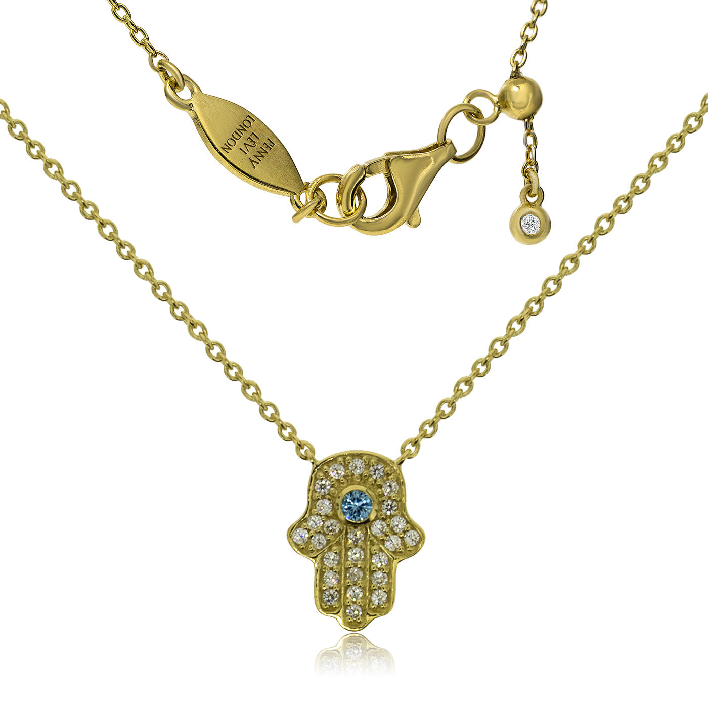 Gold-plated silver Hamsa necklace with crystals and blue stone, adjustable chain with slide sizer and lobster claw clasp.