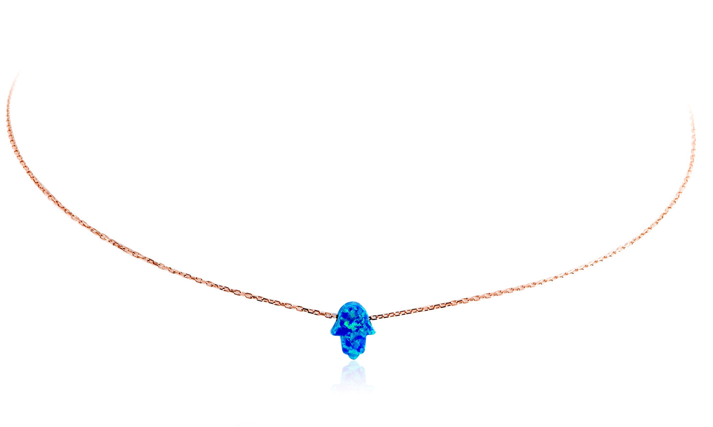 Rose gold plated silver chain necklace with blue Opal Hamsa pendant.