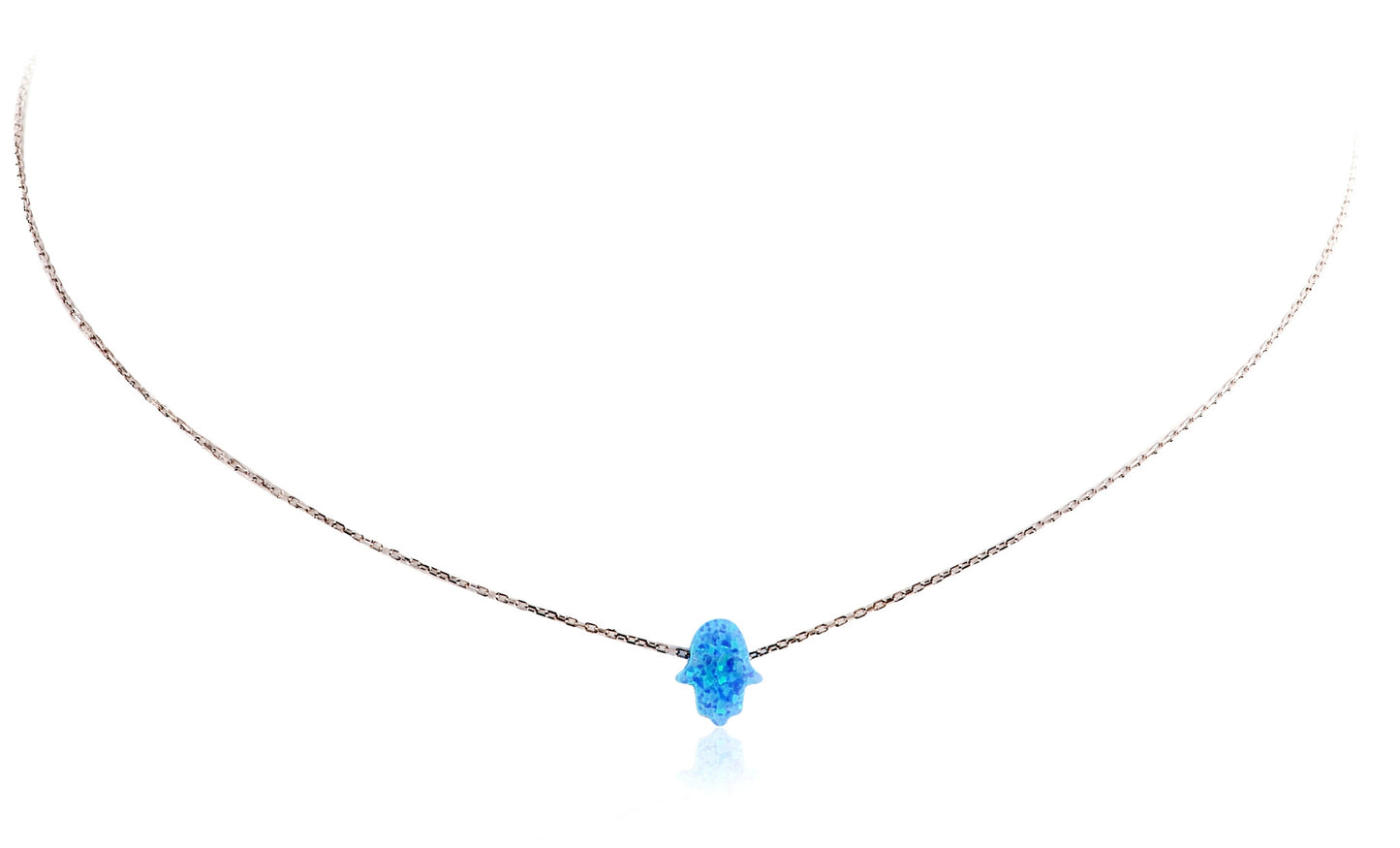 Sterling silver chain necklace with blue Opal Hamsa charm .