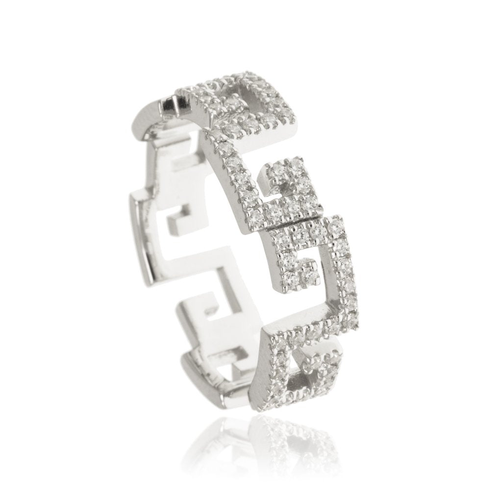 Sterling Silver Pave Ring with interlocking square motifs