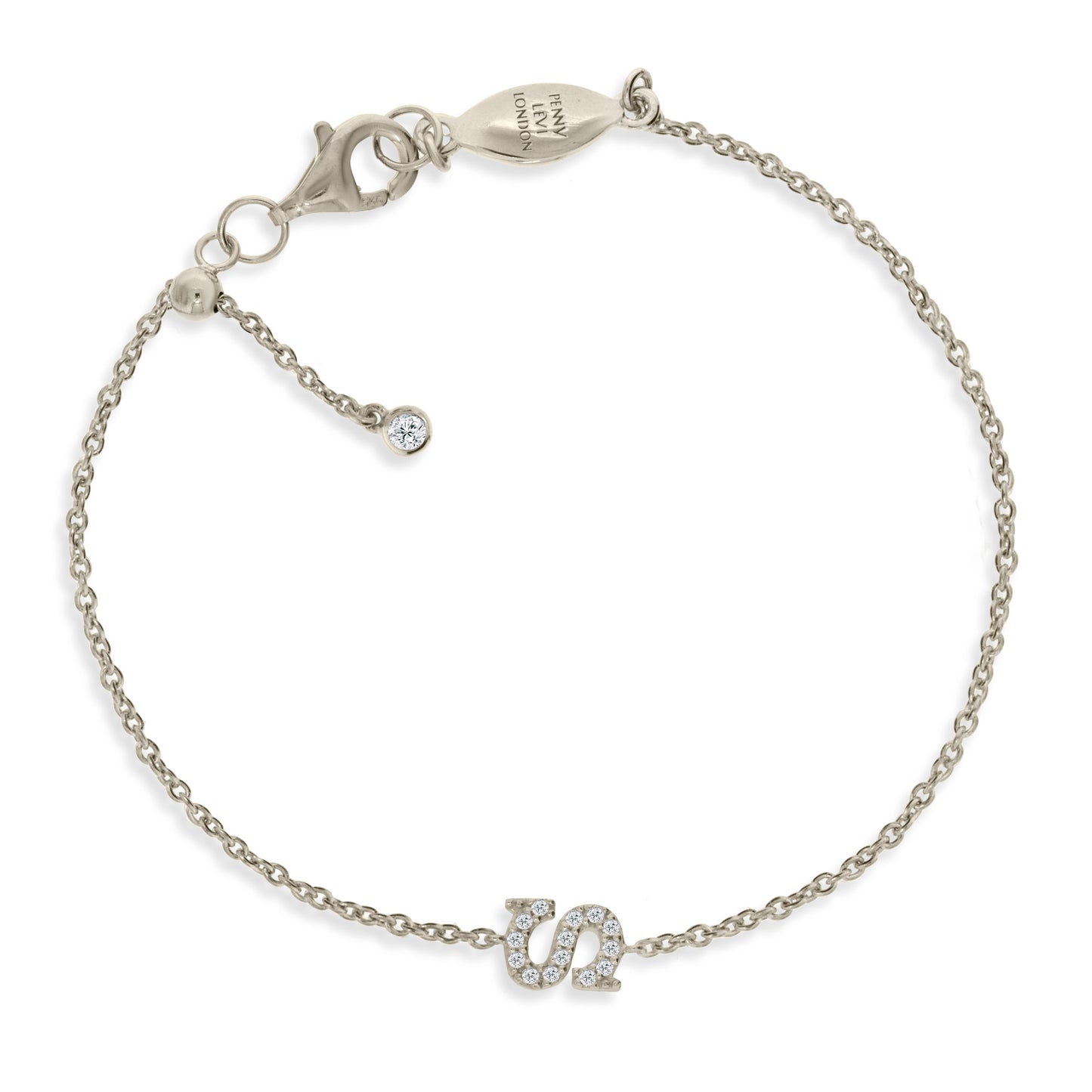 Sterling silver chain initial bracelet with cubic zirconia and adjustable sliding size adapter