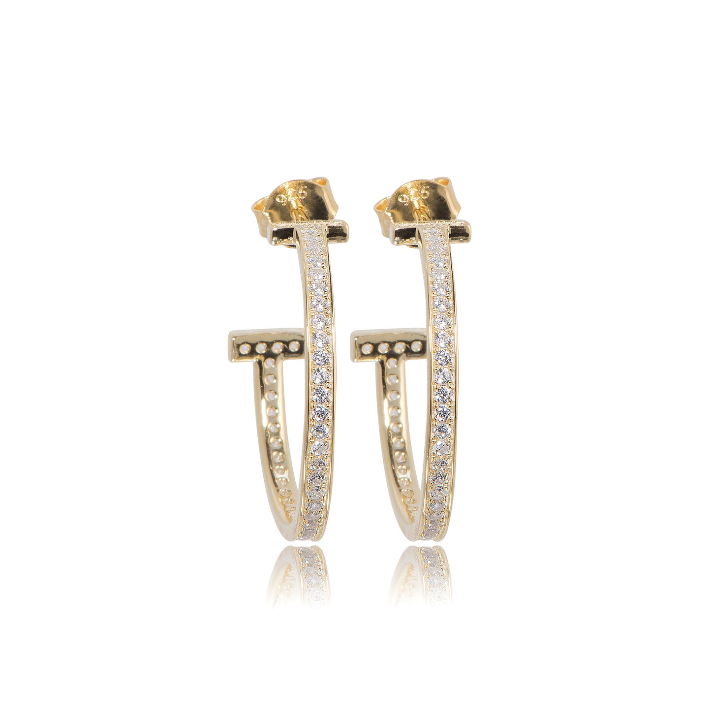 Gold Plated on Silver 'T' Earrings with Cubic Zirconia, 2 cm diameter