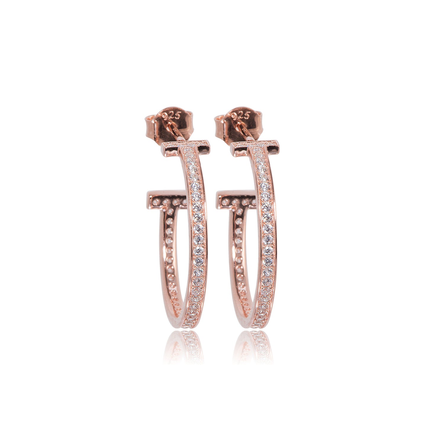 Rose Gold-Plated T-Bar Hoop Earrings set with Cubic Zirconia