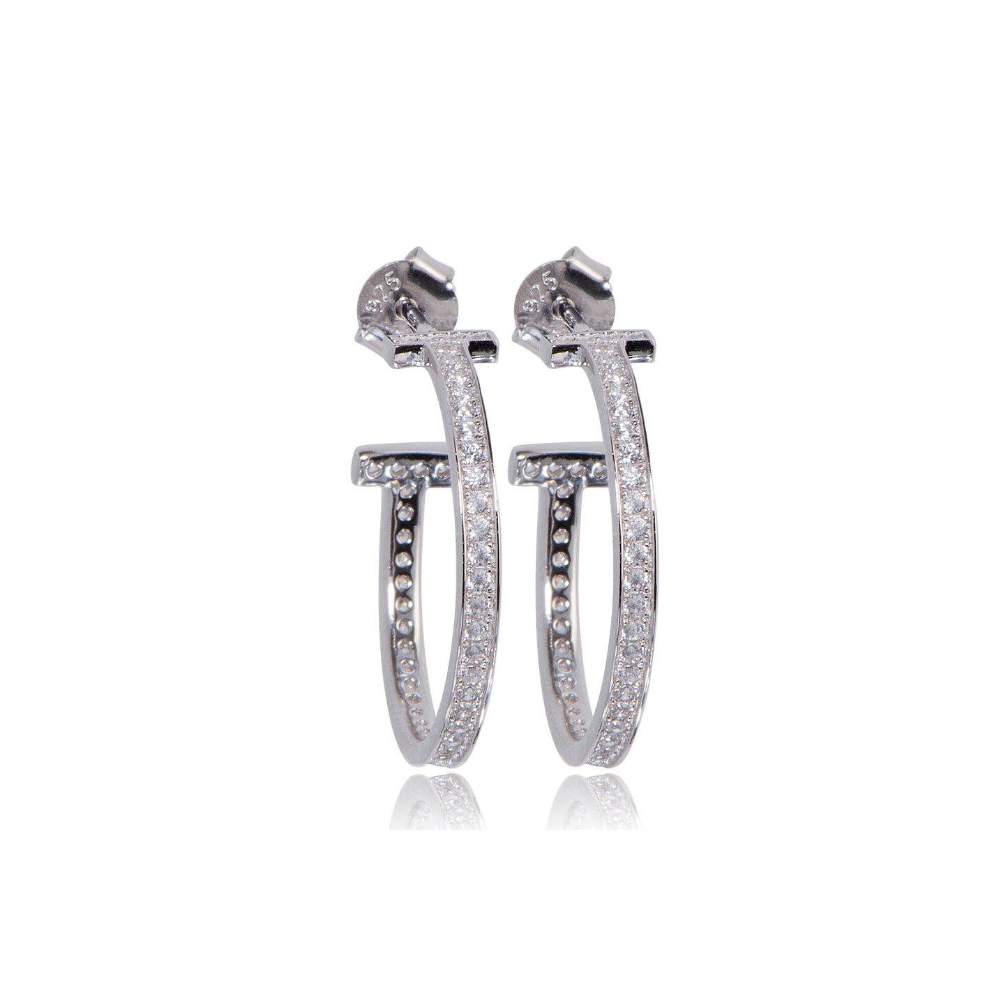 Sterling Silver 'T' Hoop Earrings with Cubic Zirconia gemstones, 2 cm diameter.