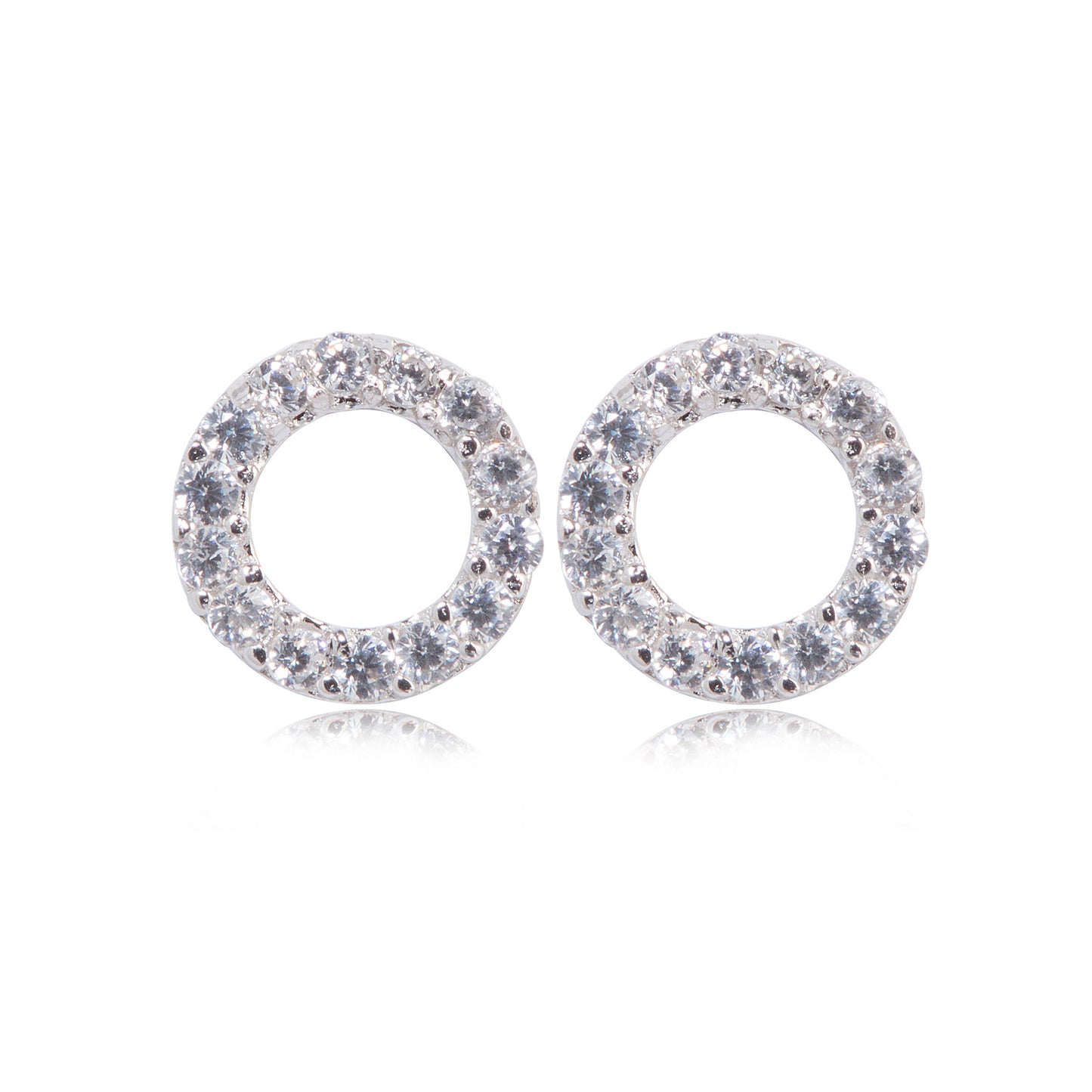 Sterling silver small circular open stud earrings set with cubic zirconia stones.
