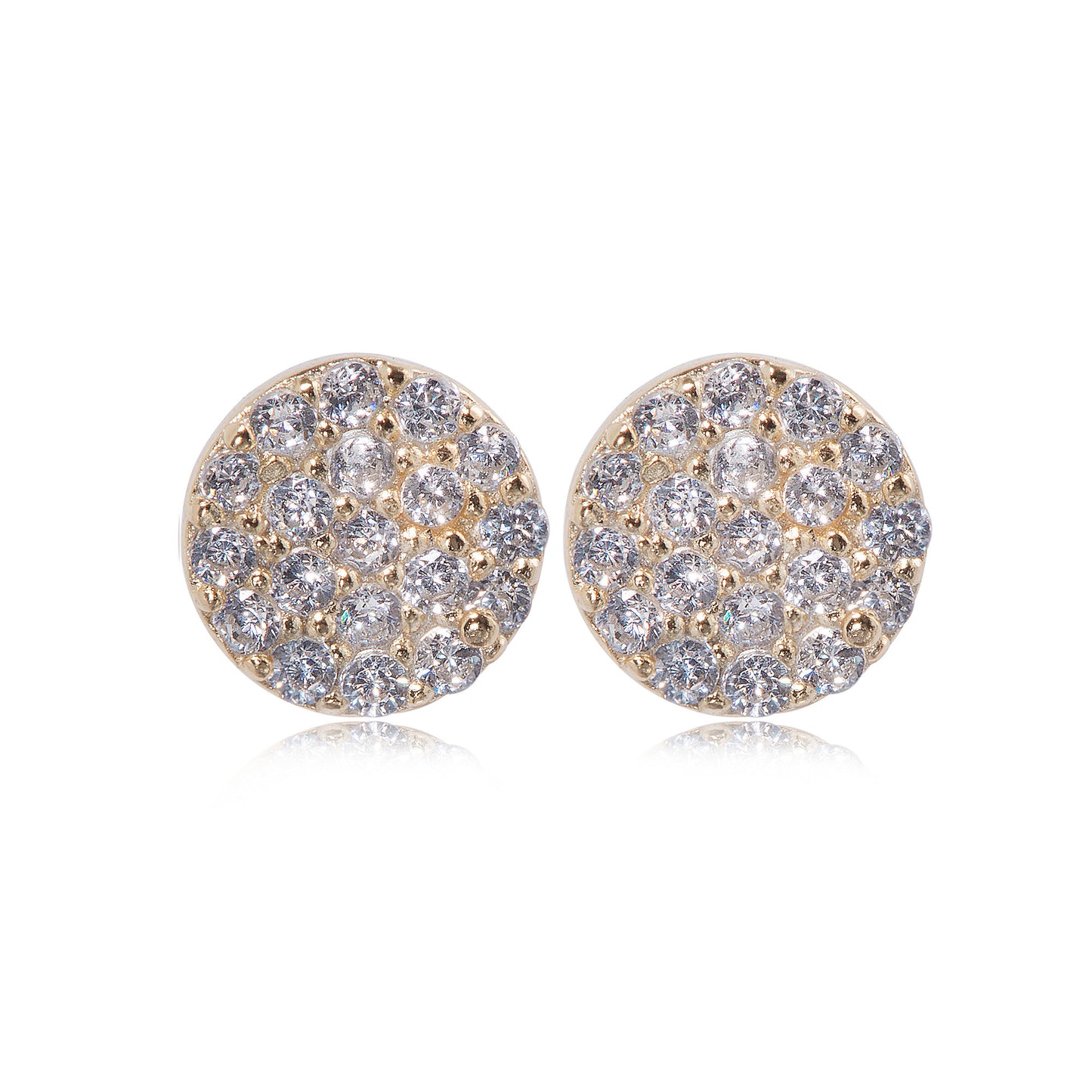 Gold plated on silver small flat round earrings with crystal-clear stones, 7 mm diameter.
