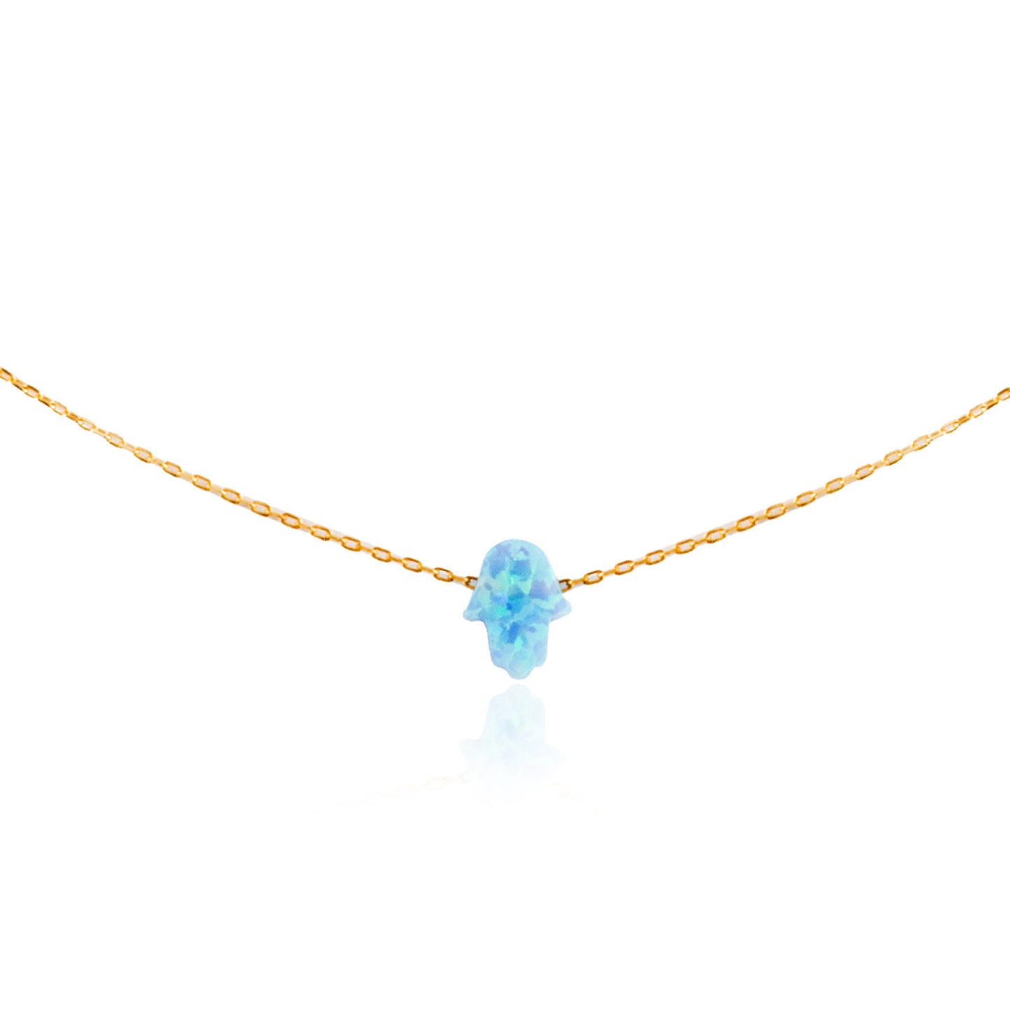 Gold-plated silver chain necklace with blue opal Hamsa charm .