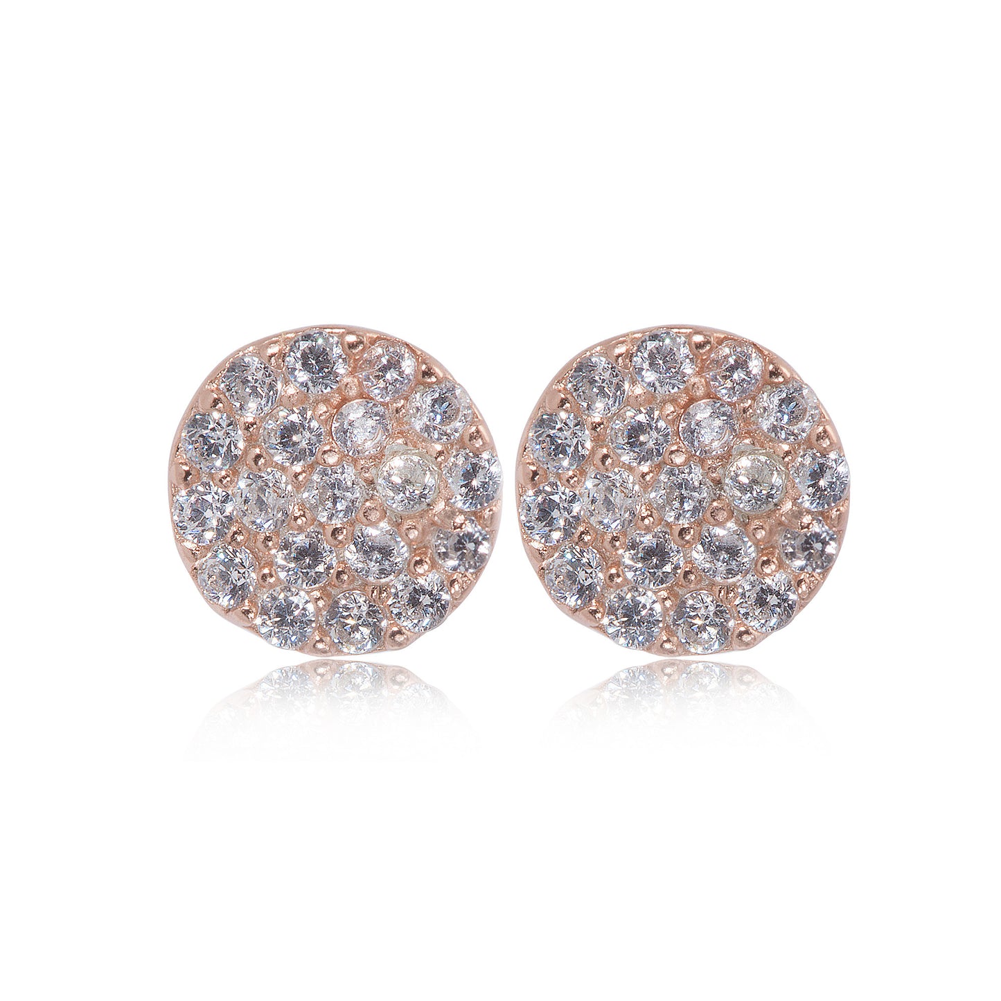 Rose gold plated on silver small pavé disc earrings with sparkling stones, diameter 7 mm.