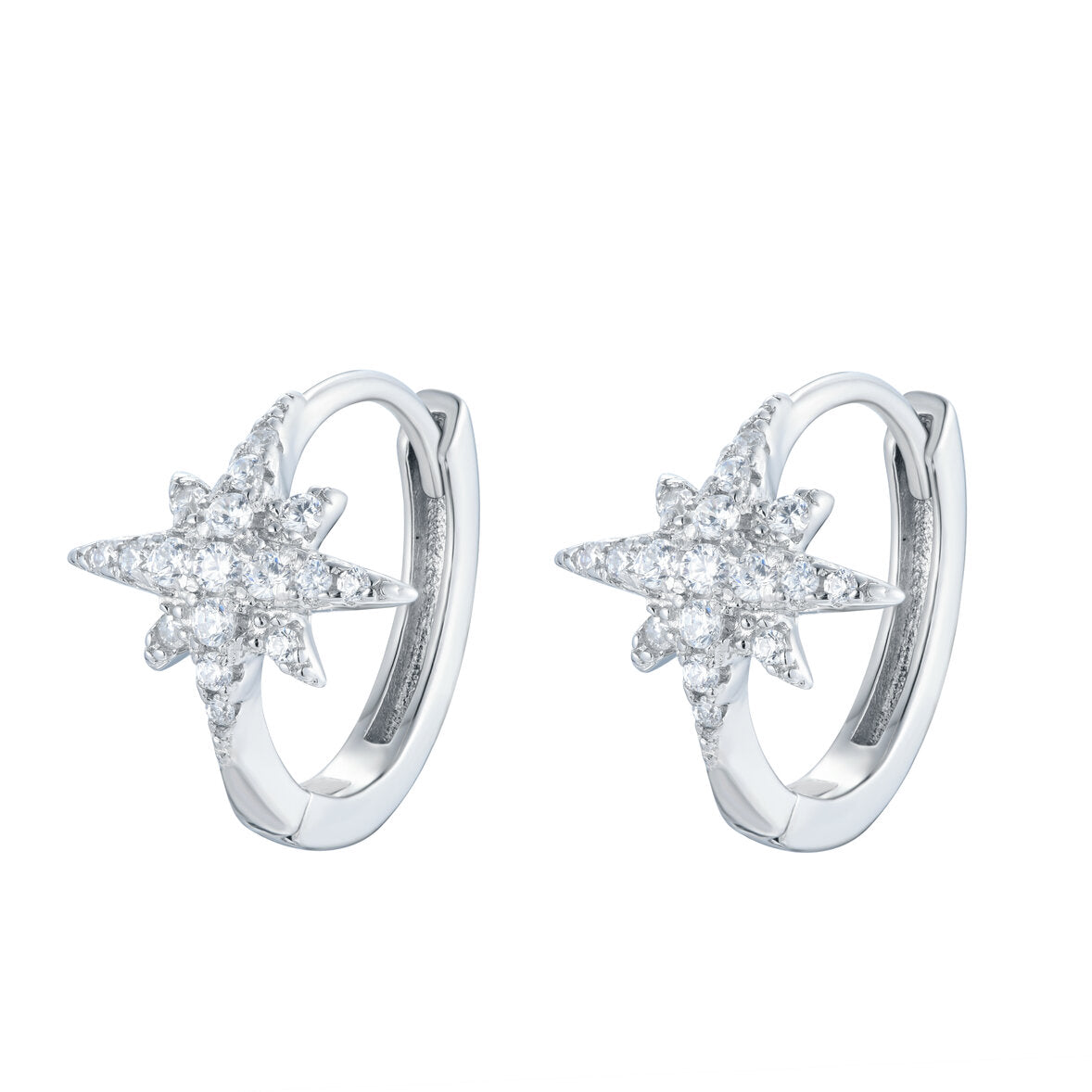 Sterling Silver Small Hoop Earrings with a Pavé Eight-Point Star