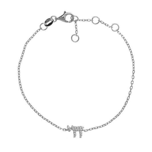 Silver Chain Bracelet with Chai Symbol and Cubic Zirconia