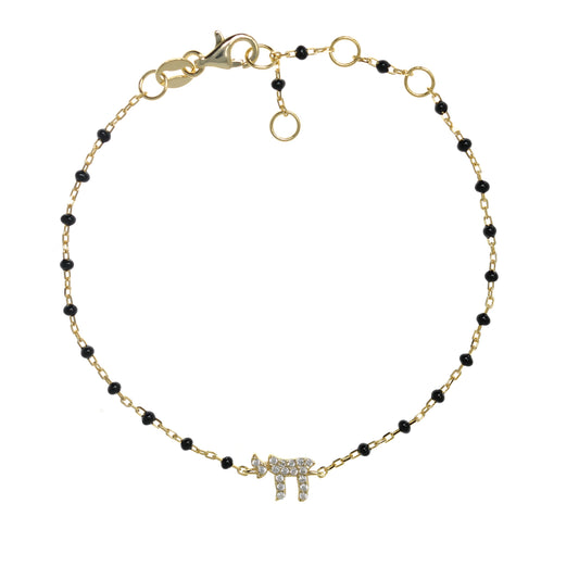 Gold-plated Chain Bracelet with Chai Symbol and Cubic Zirconia, featuring Enamel Beads