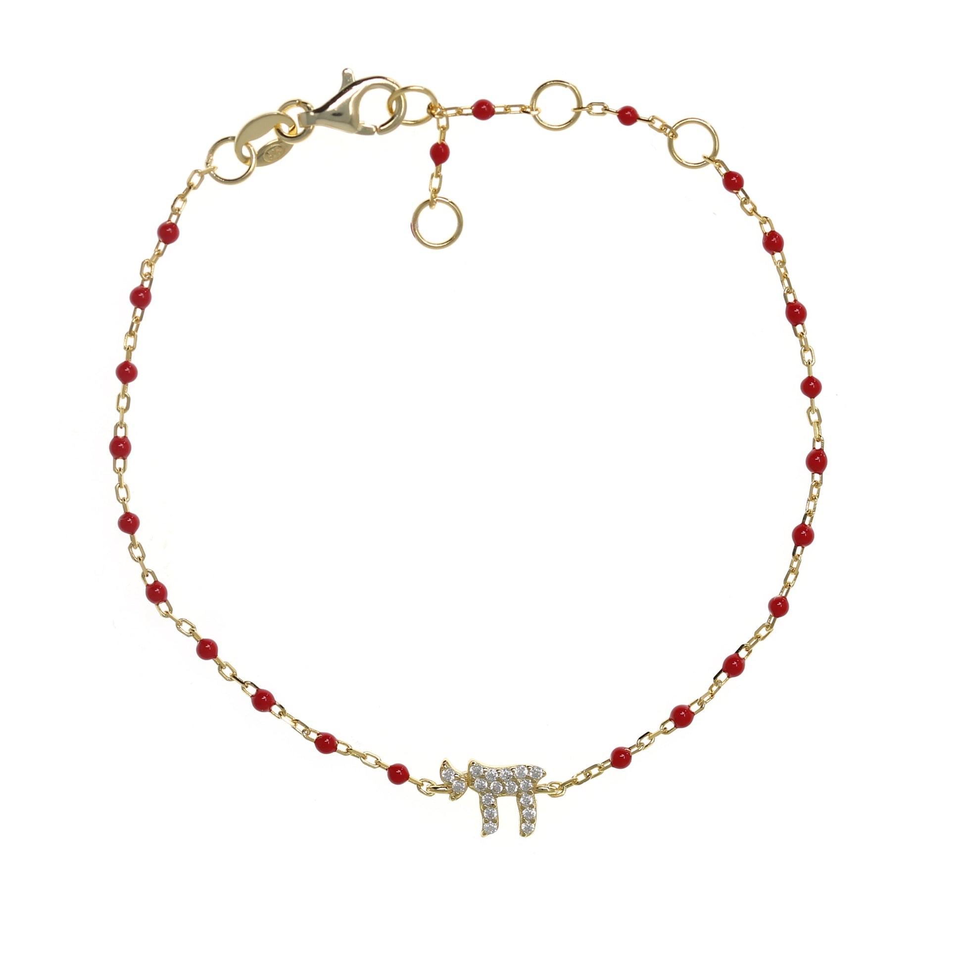 Gold-plated Chain Bracelet with Chai Symbol and Cubic Zirconia, featuring Enamel Beads