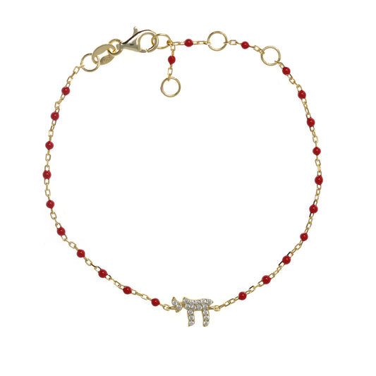 Gold-plated Chain Bracelet with Chai Symbol and Cubic Zirconia, featuring Enamel Beads