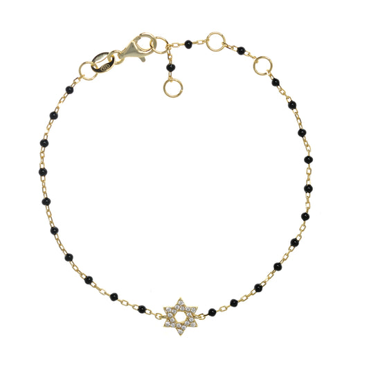 Gold-plated Chain Bracelet with Star of David Symbol and Cubic Zirconia, featuring Black Enamel Beads