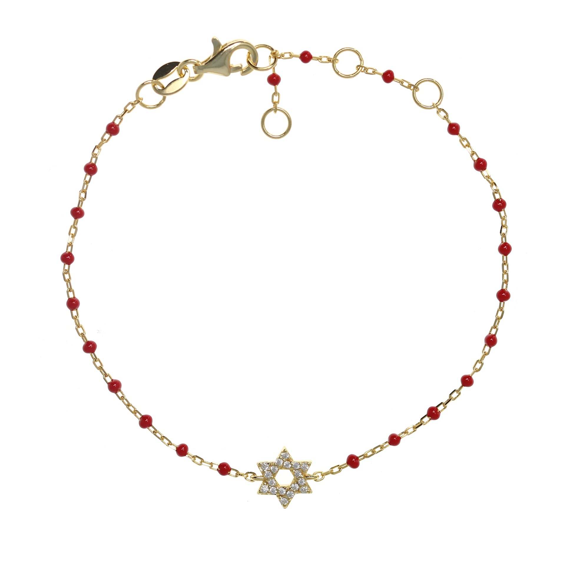 Gold-plated Chain Bracelet with Star of David Symbol and Cubic Zirconia, featuring Red Enamel Beads