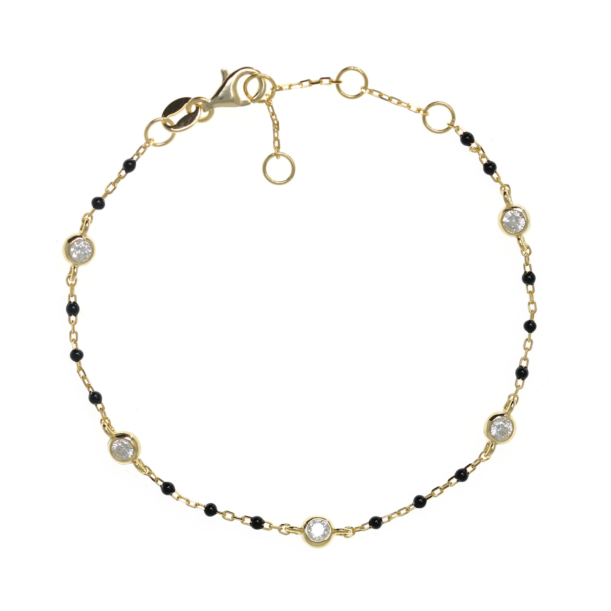 Gold-plated Chain Bracelet with Black Beads and Cubic Zirconia Studs