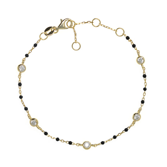 Gold-plated Chain Bracelet with Black Beads and Cubic Zirconia Studs