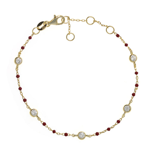 Gold-plated Chain Bracelet with Bordo Beads and Cubic Zirconia Studs