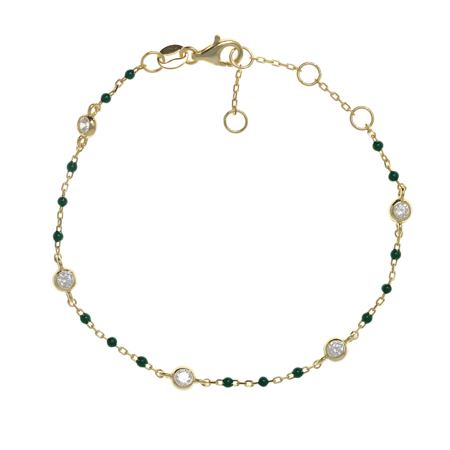 Gold-plated Chain Bracelet with Green Beads and Cubic Zirconia Studs