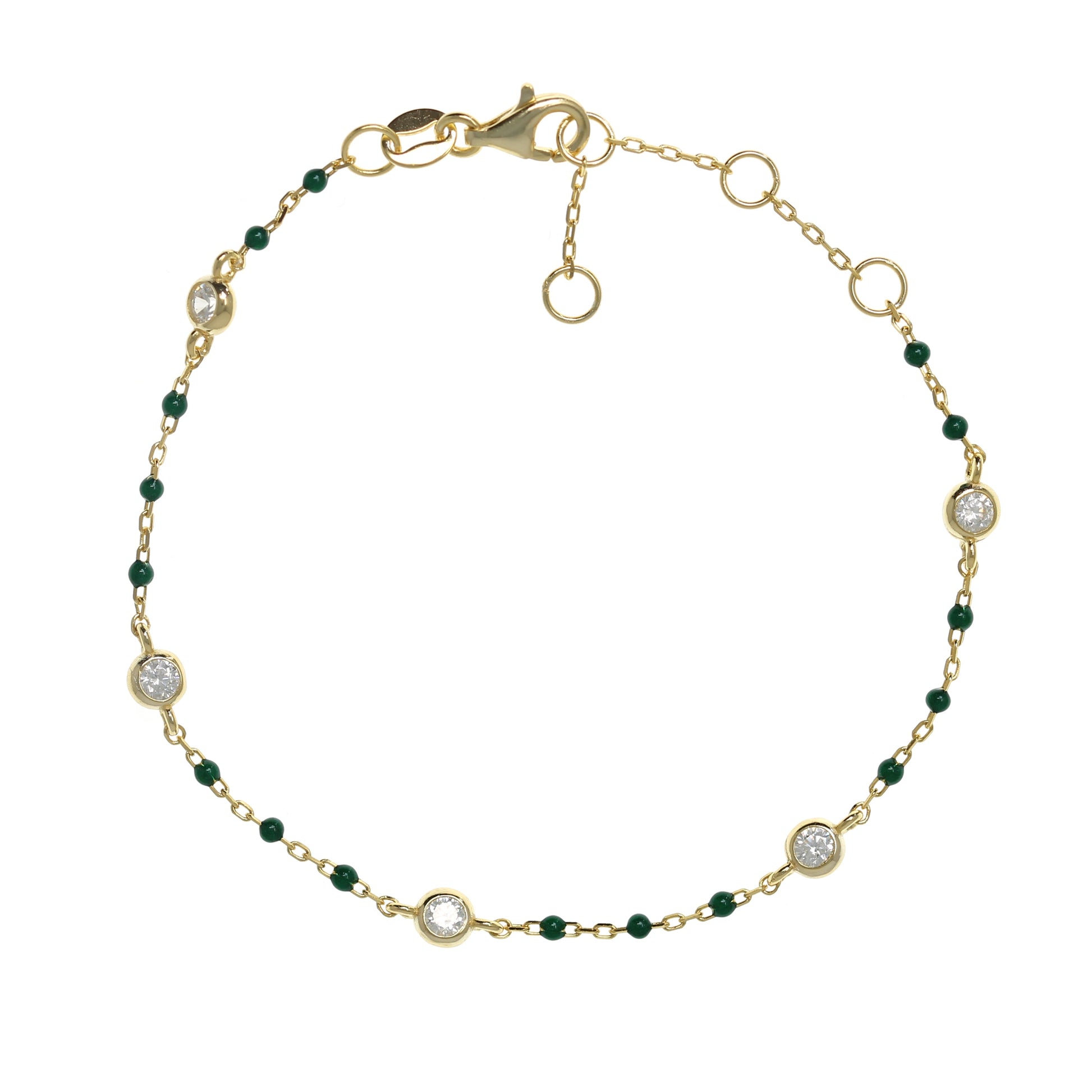 Gold-plated Chain Bracelet with Green Beads and Cubic Zirconia Studs