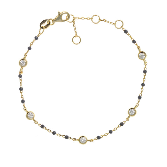 Gold-plated Chain Bracelet with Grey Beads and Cubic Zirconia Studs