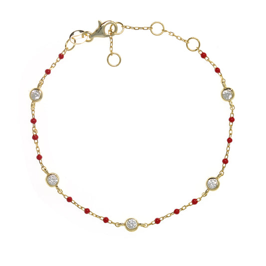 Gold-plated Chain Bracelet with Red Beads and Cubic Zirconia Studs