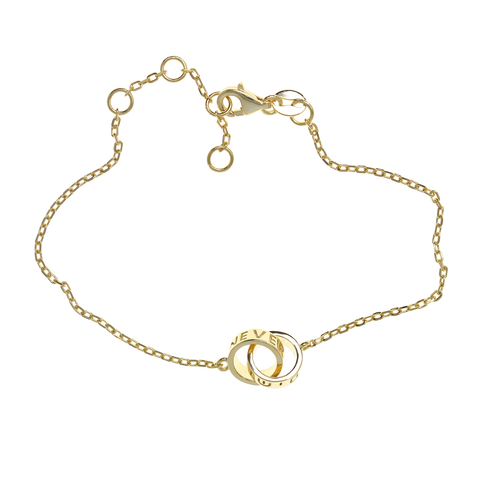 Gold-plated "Never Forget" Chain Bracelet with Two Interlocking Rings
