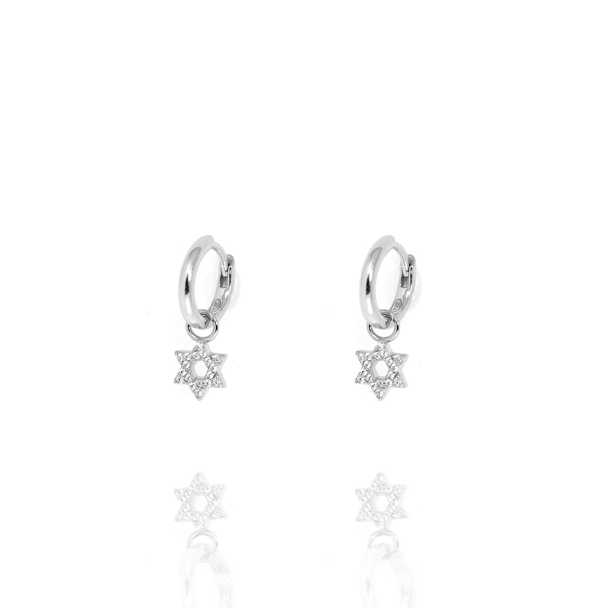 Silver Huggie Earrings with Hanging Star of David and Cubic Zirconia