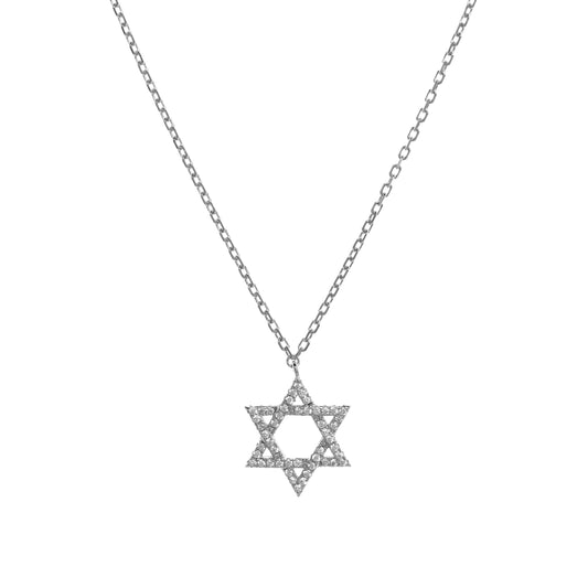 Silver Chain Necklace with Star of David and Cubic Zirconia Studs